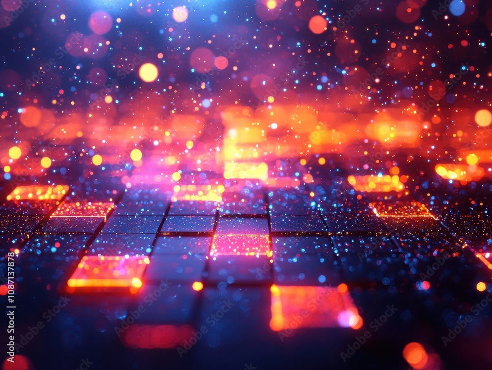 Poster exploring the abstract tech landscape luminous neon grid patterns in a futuristic environment