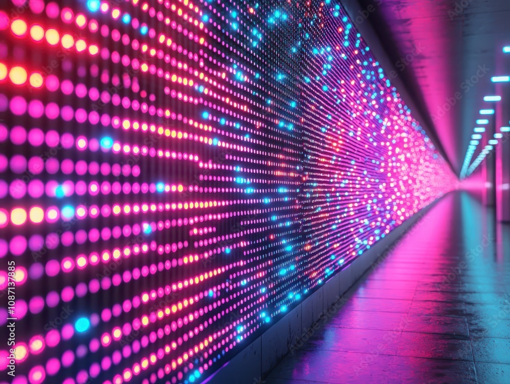 Poster dynamic neon grid pattern illuminates abstract tech landscape digital space graphic design futuristi