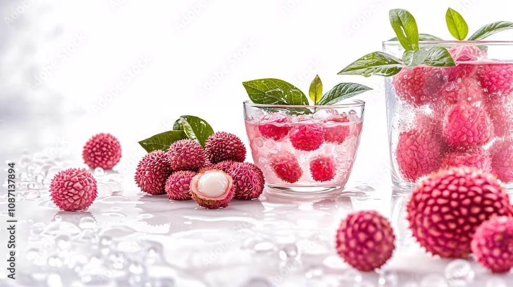 Poster isolated on white background a perfect arrangement of juicy pink lychee fruit with some peeled to re