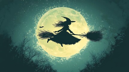 Witch Flying on a Broomstick Under the Full Moon