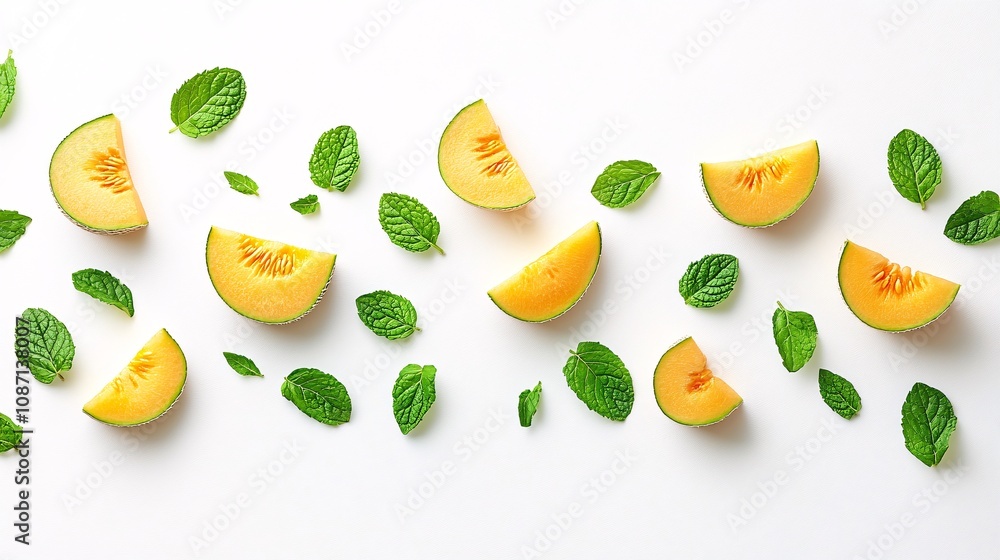 Poster Isolated on white background a minimalist display of fresh yellow cantaloupe slices paired with green mint leaves with side empty space for text Stockphoto style