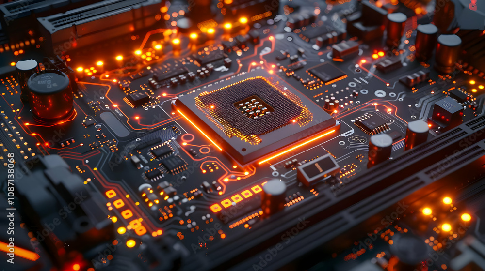 Poster 3d render of illuminated motherboard with cpu, showcasing intricate circuitry and glowing components