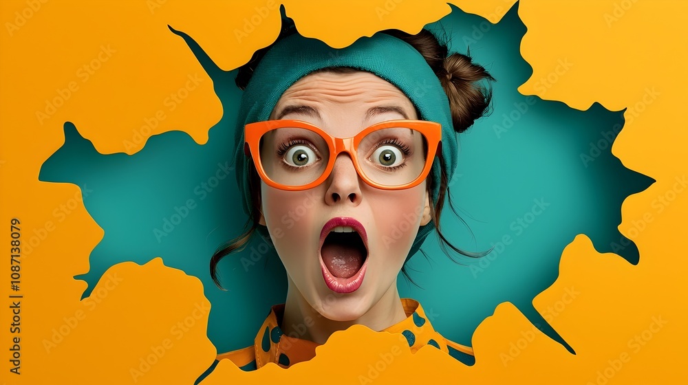Poster surprised and excited retro pop art woman with bold overlapping shapes and lines set against a vibra