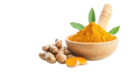 Bright yellow turmeric powder in a wooden bowl accompanied by fresh ginger roots and green leaves on a clean white background