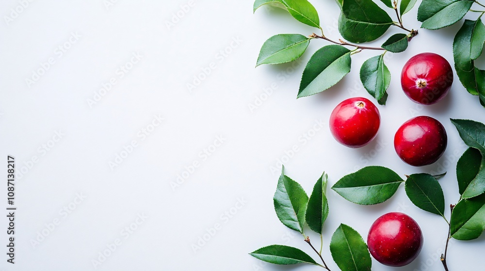 Poster Isolated on white background a clean presentation of ruby red cranberries alongside a few green leaves with side empty space for text Stockphoto style