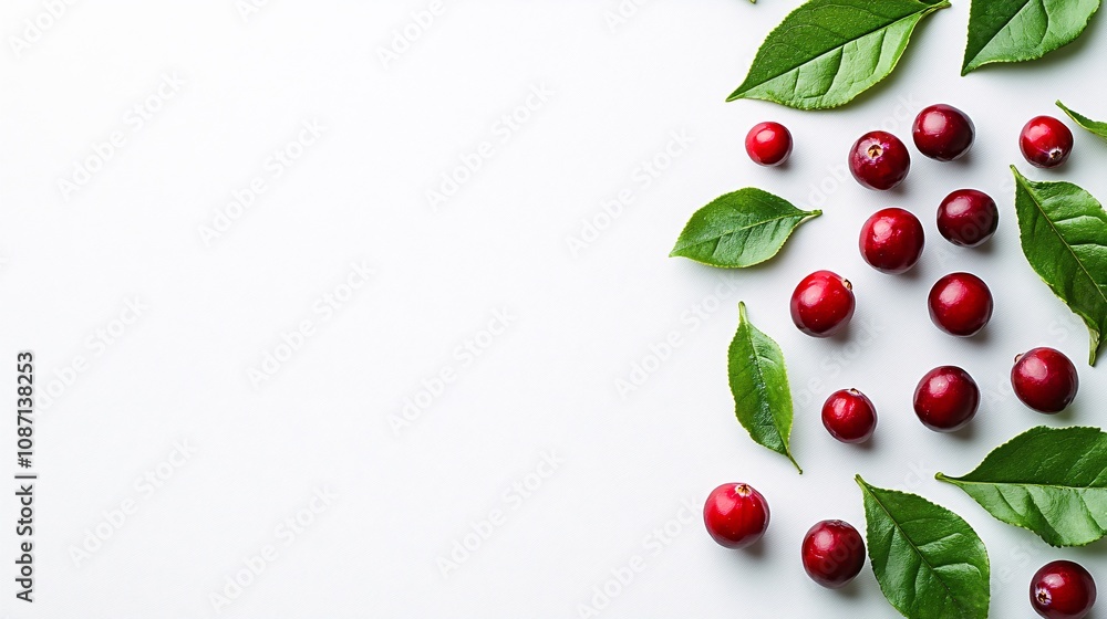 Poster Isolated on white background a clean presentation of ruby red cranberries alongside a few green leaves with side empty space for text Stockphoto style