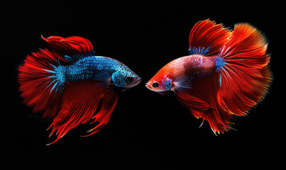 Fototapeta premium Beautiful movement of Fullmoon betta fish, Two Fancy Fullmoon Betta, The moving moment beautiful of Siamese Fighting fish, Betta splendens, Rhythmic of Betta fish isolated on black background