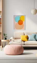 Modern Living Room Interior Beige Sofa Pink Pouf Abstract Art