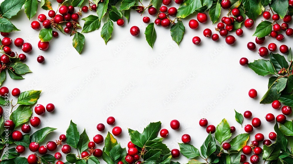 Poster Isolated on white background a clean presentation of ruby red cranberries alongside a few green leaves with side empty space for text Stockphoto style