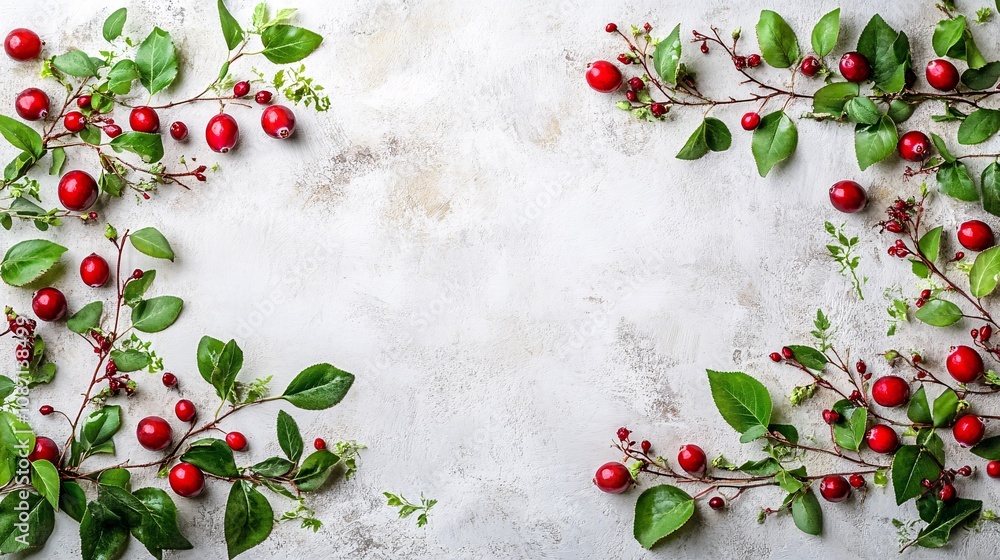 Poster Isolated on white background a clean presentation of ruby red cranberries alongside a few green leaves with side empty space for text Stockphoto style