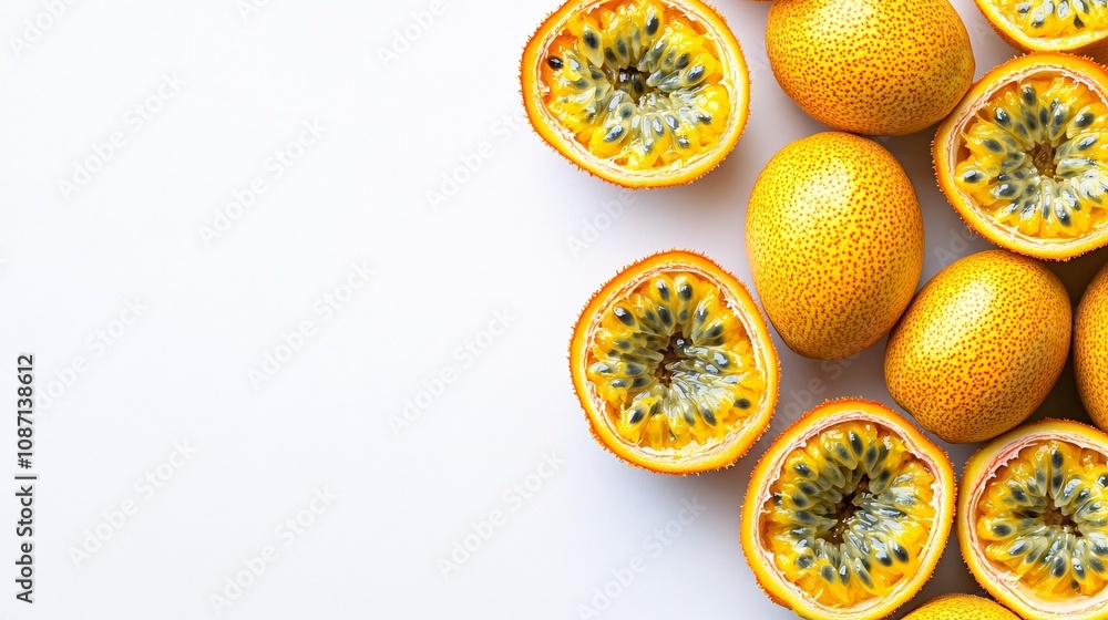 Poster isolated on white background a cluster of golden yellow passion fruits some cut open to reveal their