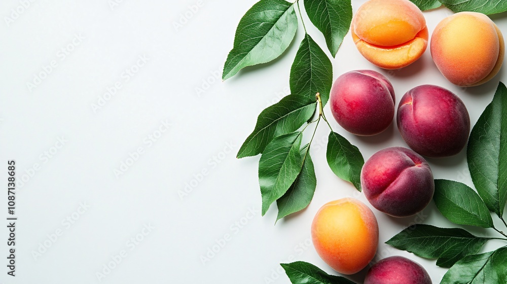 Poster Isolated on white background a variety of fresh stone fruits including apricots nectarines and peaches arranged in a colorful composition with side empty space for text Stockphoto style