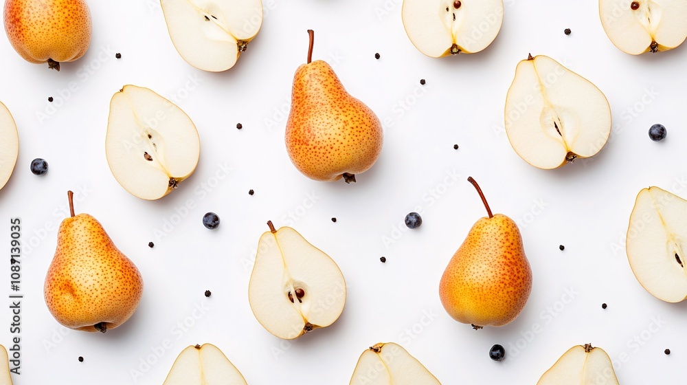 Poster isolated on white background a delicate arrangement of whole and sliced pears with their smooth skin