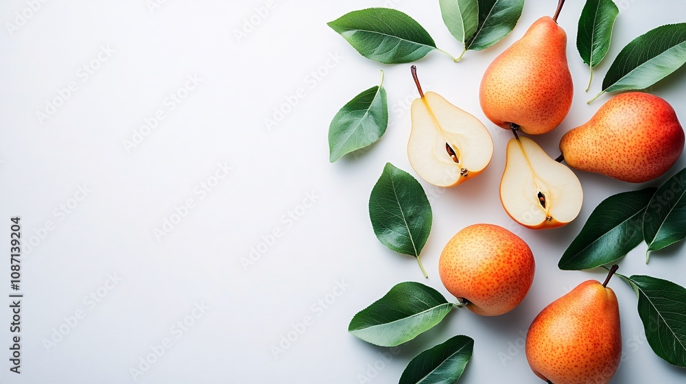 Poster isolated on white background a delicate arrangement of whole and sliced pears with their smooth skin