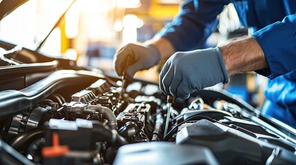 Obraz premium mechanic in a blue uniform working on a car engine at a service center, close-up view of hands with tools and the vehicle's open hood