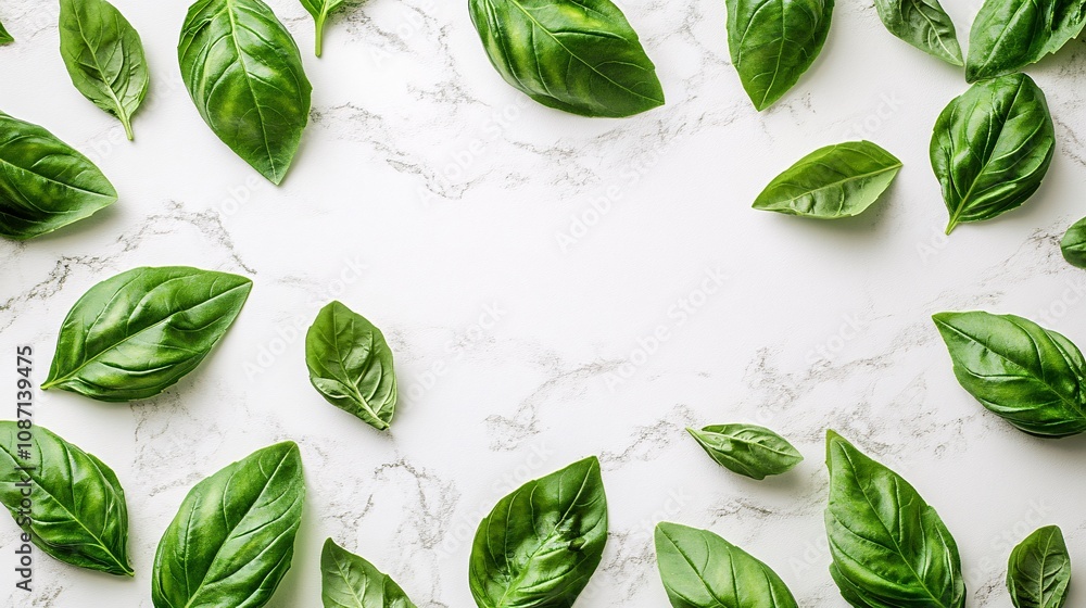 Fototapete Isolated on white background fresh basil leaves arranged in a fan-like pattern with vibrant green color and side empty space for text Stockphoto style