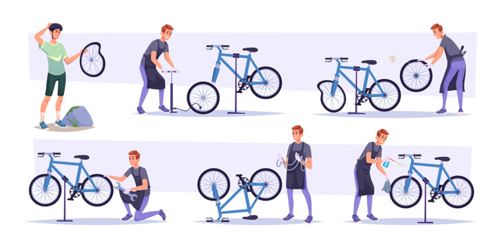 Bicycle repair service. Professional worker repairing different bicycle parts gears and wheels exact vector flat pictures set