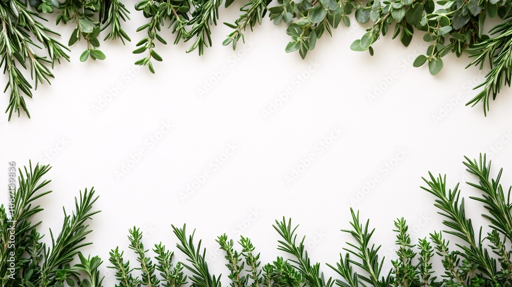 Poster isolated on white background sprigs of fresh rosemary with long needle-like leaves in natural alignm
