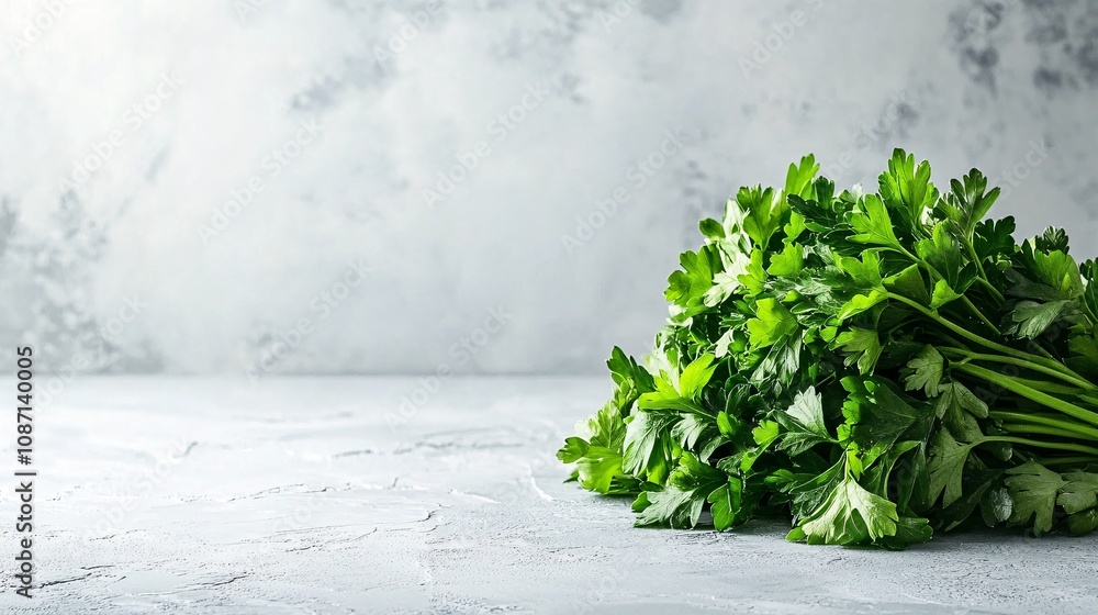 Poster Isolated on white background flat-leaf parsley arranged in a loose cluster highlighting its fresh green hues and side empty space for text Stockphoto style