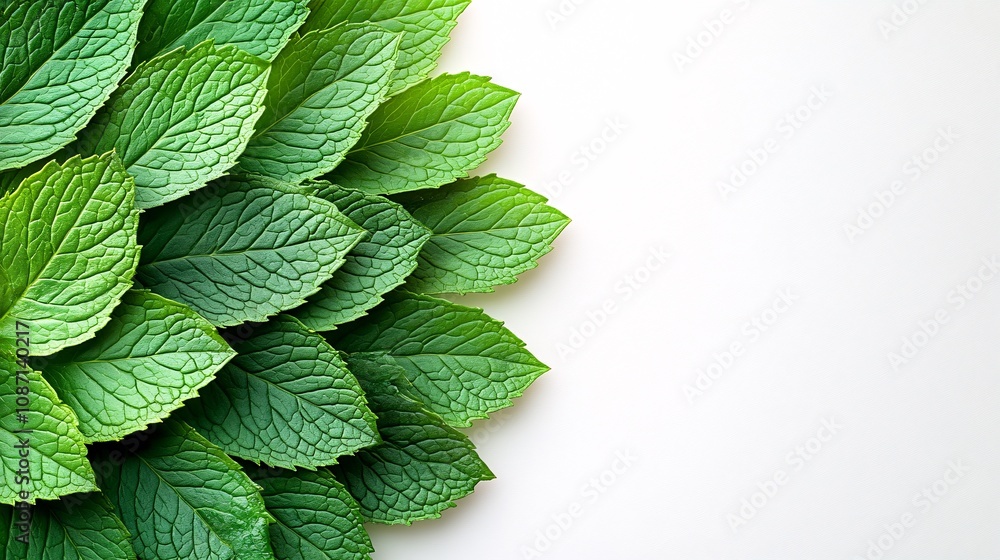 Poster isolated on white background mint leaves with serrated edges fanned out in a natural presentation an