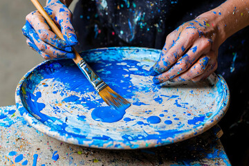 artist's hands covered in paint splatters holding wooden brush over ceramic palette with blue paint