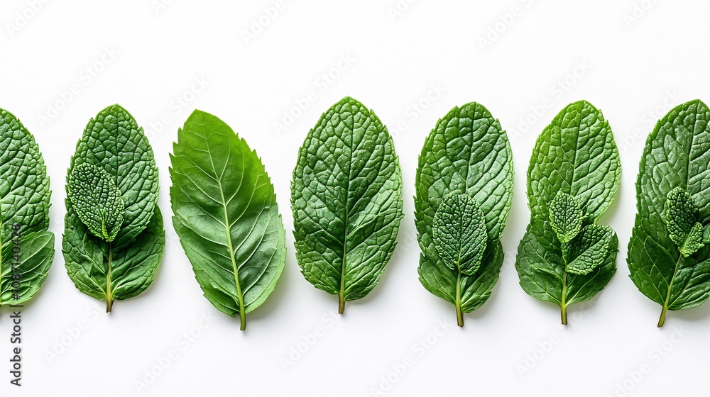 Poster isolated on white background mint leaves with serrated edges fanned out in a natural presentation an