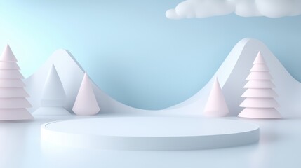 Fototapeta premium A white stage with a blue background and a mountain in the background
