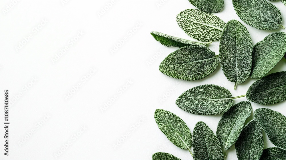 Poster Isolated on white background fresh sage leaves with soft velvety texture aligned in an organic layout and side empty space for text Stockphoto style