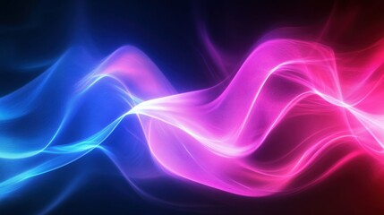 Flowing ribbons of vibrant pink and blue light, dynamic and energetic, futuristic abstract digital waves, high contrast.