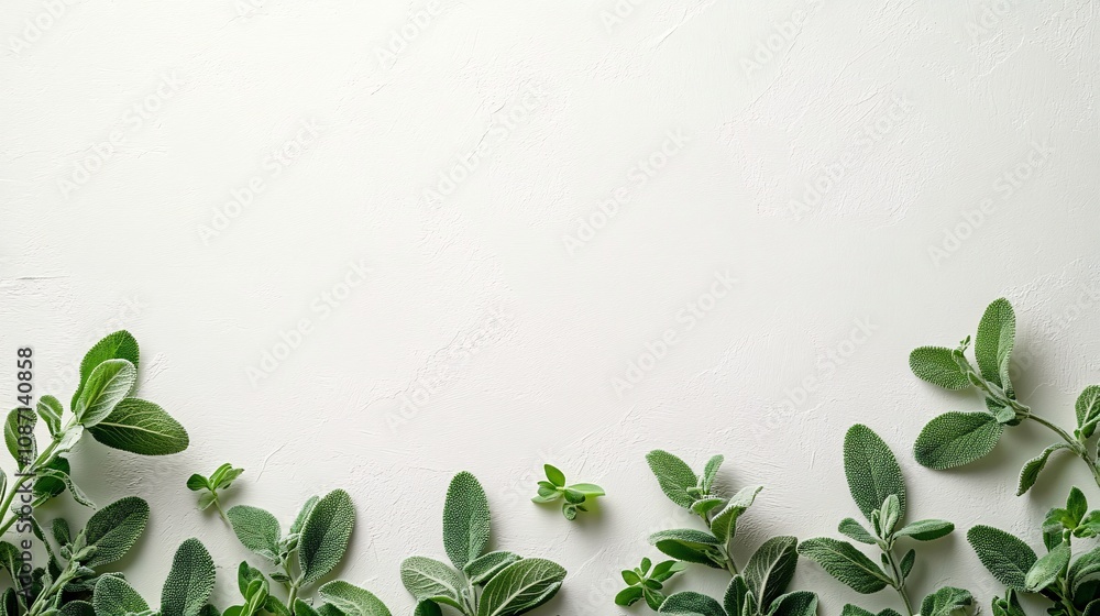 Poster Isolated on white background fresh sage leaves with soft velvety texture aligned in an organic layout and side empty space for text Stockphoto style