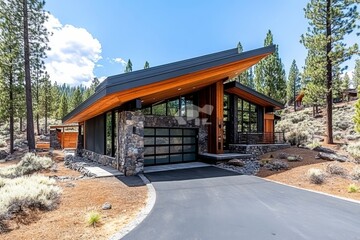 Modern cabin with wooden accents and large windows nestled among tall pine trees in a tranquil forest setting on a sunny day
