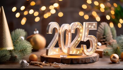 Happy New Year 2025. Warm and cozy christmas card with glowing number 2025, champagne and party 