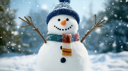 Fototapeta premium Cheerful snowman wearing a blue hat and colorful scarf in a snowy forest with falling snowflakes.
