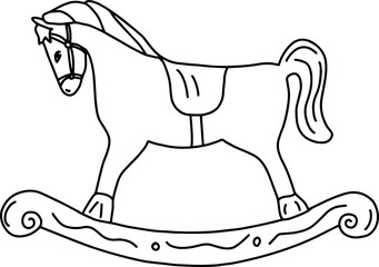 Vector illustration of children's toy rocking horse. Black and white outline drawing For children, holiday toy, coloring book, greeting card, children's ornament