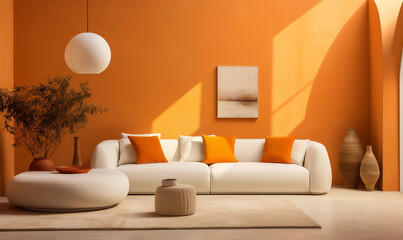 Modern Orange Living Room Interior Design White Sofa Orange Pillows Plant