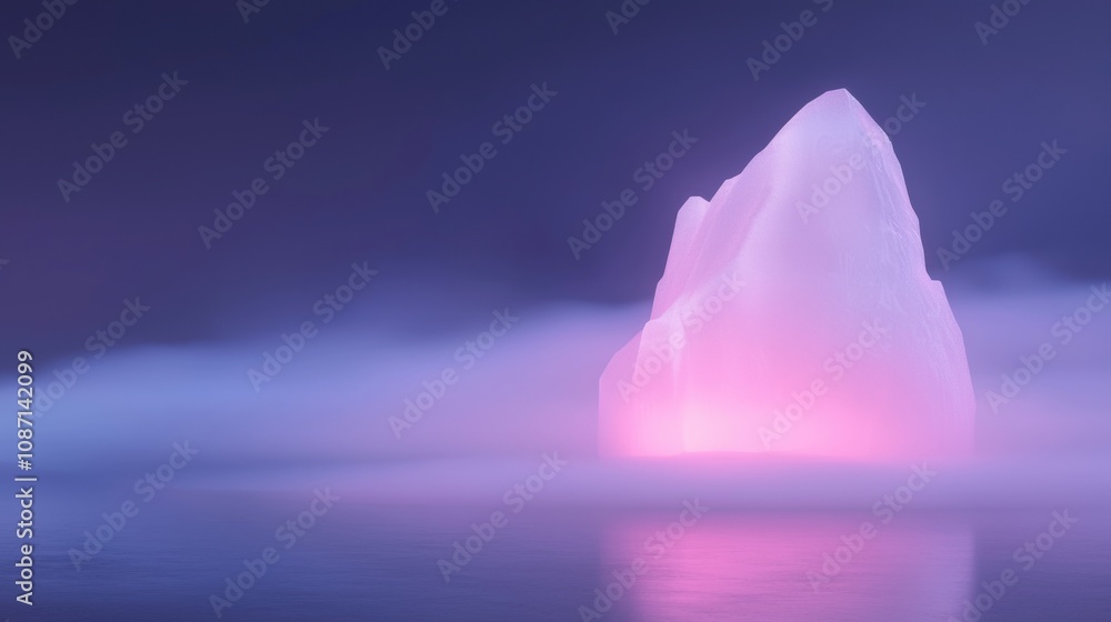 Poster a large ice block is floating in the water with a pink glow
