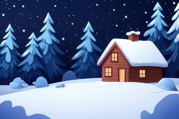 Fototapeta premium Romantic winter wonderland cabin nestled in a serene, snow-covered landscape, perfect for cozy getaways.