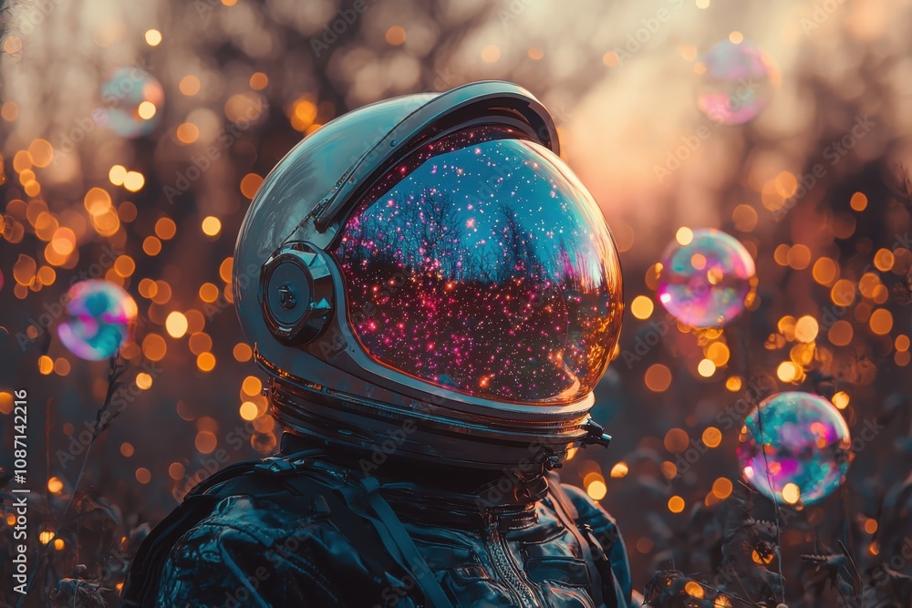 Poster astronaut floating in cosmic rainbow wave outer space digital art surreal environment wide-angle vie