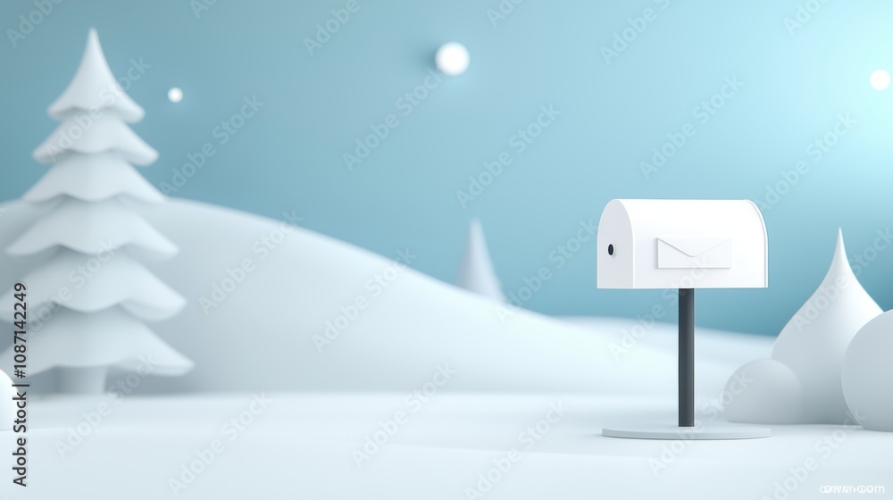 Poster a white mailbox is standing in a snowy field with trees in the background