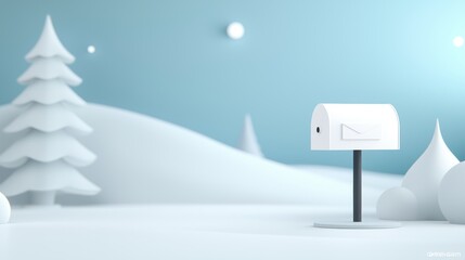 A white mailbox is standing in a snowy field with trees in the background