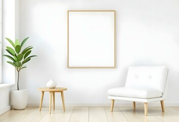 A minimalist living room with a white wall, a wooden side table, and a white armchair. A framed blank canvas is hanging on the wall
