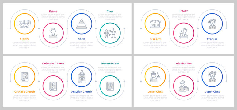 Society stratification infographics circles set. Social hierarchy, classes. Religion, theology. Editable thin line icons diagrams process with steps collection. Montserrat-SemiBold, Regular fonts used