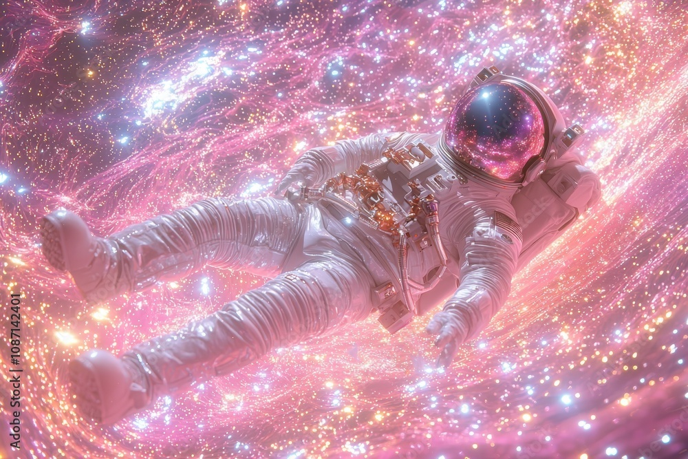 Aufkleber astronaut floating in cosmic rainbow wave outer space digital art iridescent universe surreal concep