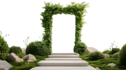 A serene pathway leads through a green archway of flourishing vines amid lush plants and stones in a tranquil outdoor setting