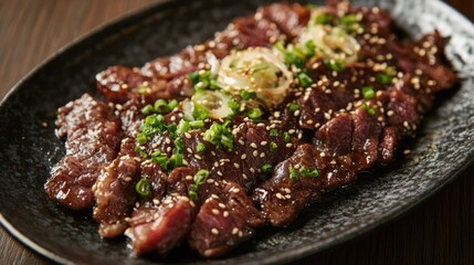A plate of meat with sesame seeds and onions on top