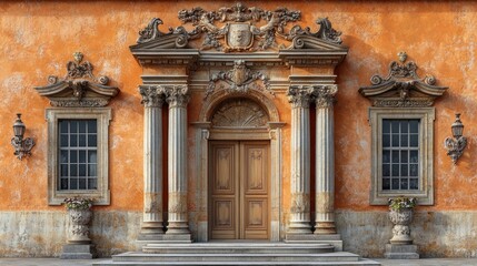 Obraz premium Ornate entrance with columns and decorative elements on an orange wall.