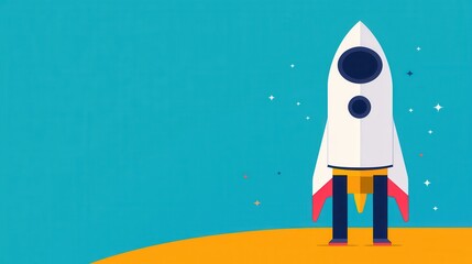 A colorful, cartoon-style rocket stands on a bright surface against a blue background, symbolizing space exploration and adventure.