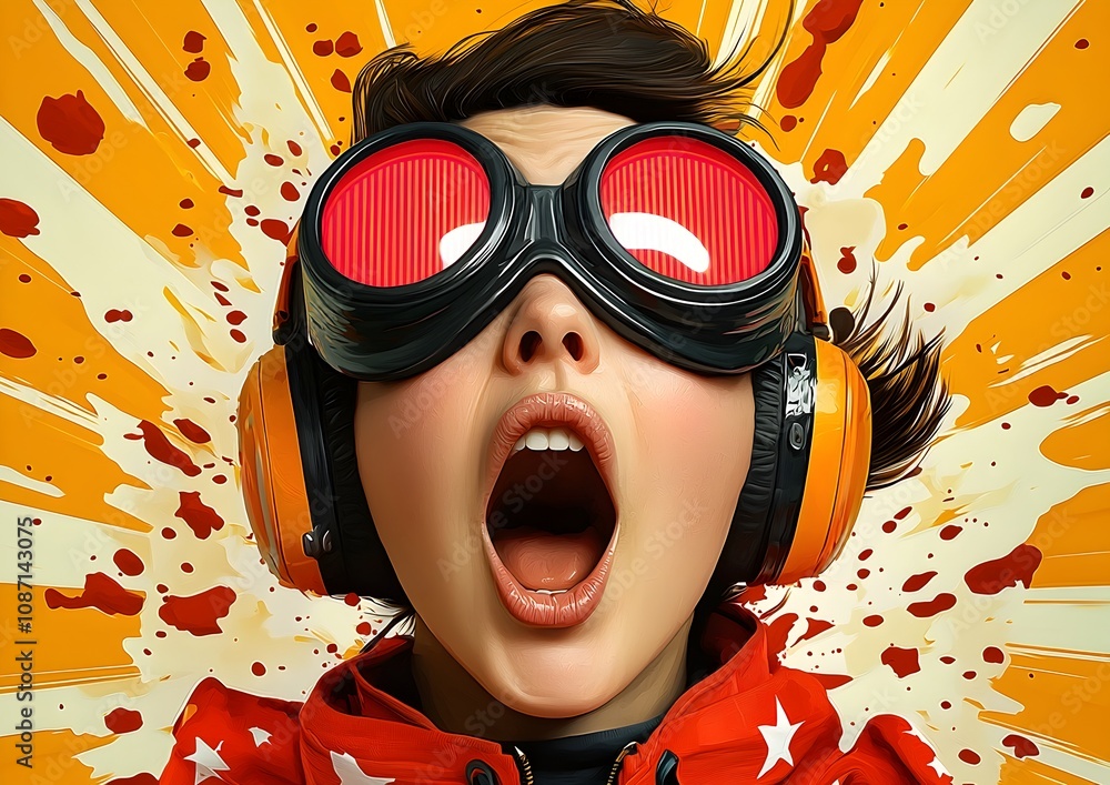 Poster retro pop art woman with surprised and excited expression in bold graphic neon drenched post apocaly