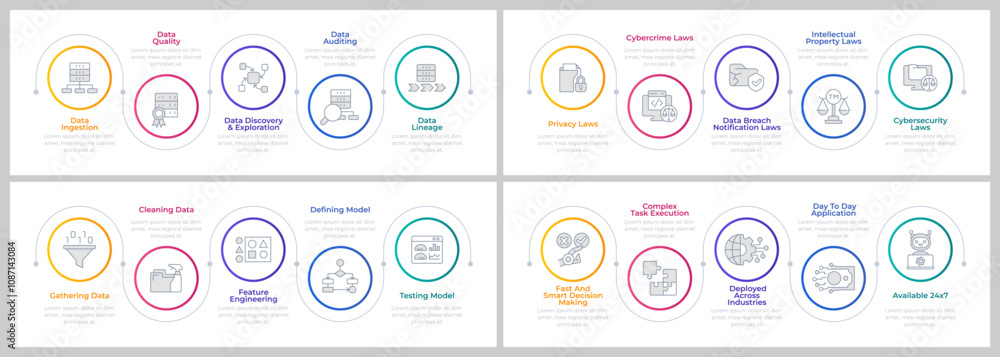 Poster machine learning infographics circles set. data management, cybersecurity. business automation. edit