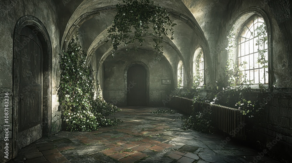 Aufkleber creating an immersive background ing in an abandoned indoor space with natural elements